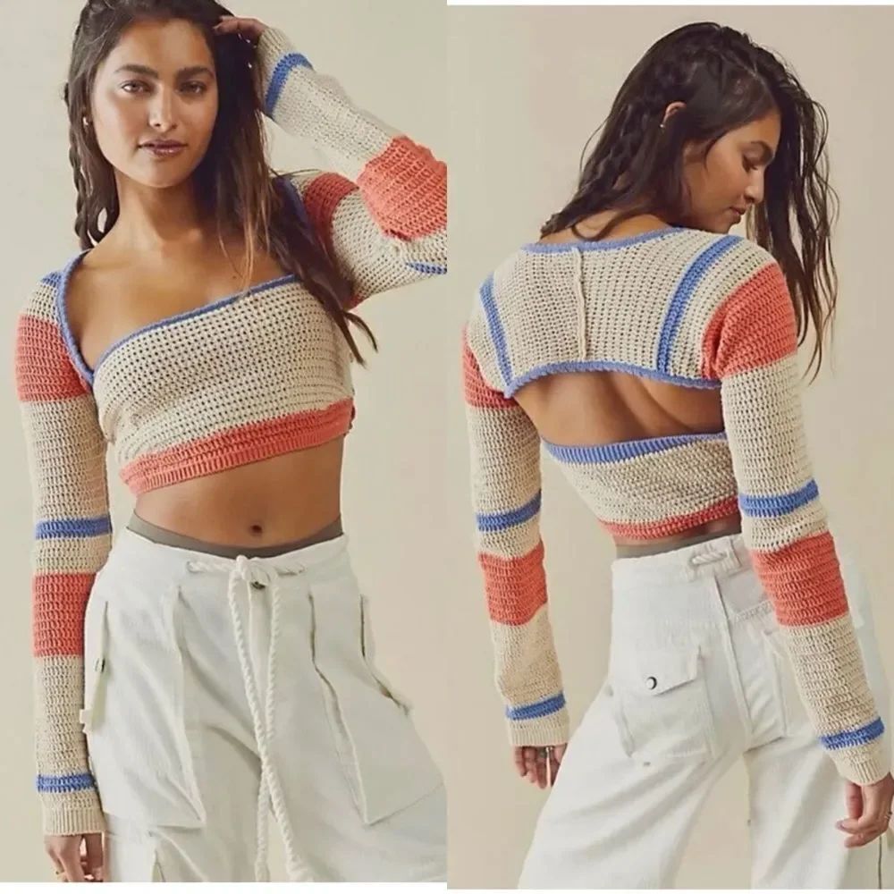 Free People Love Me Long Sleeve Fauxchet Striped Knit Sweater